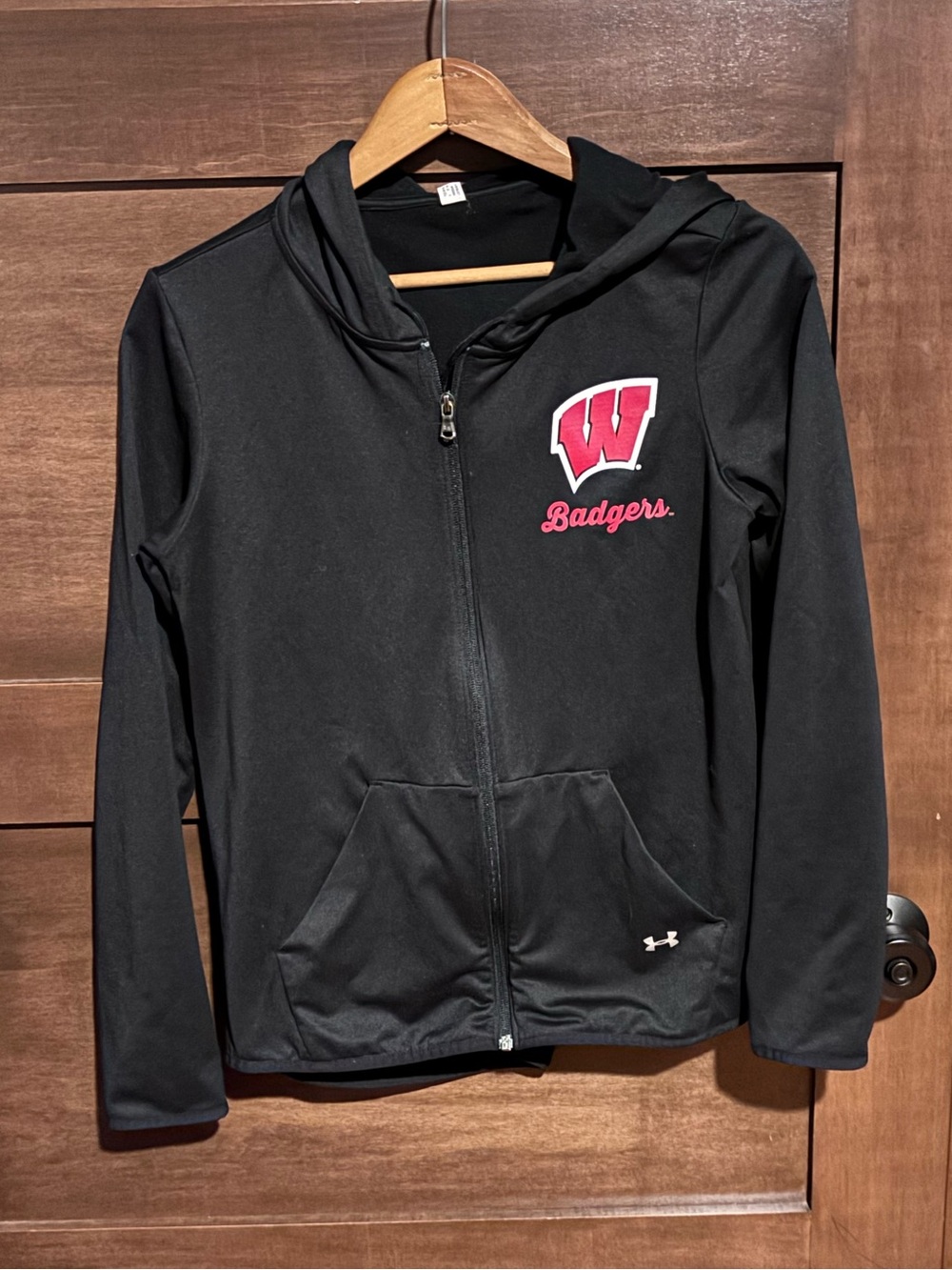 Under Armour Women’s Black Hoodie with Red Wisconsin Badgers Logo